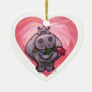Ornement Cœur En Céramique Saint-Valentin Hippopotame