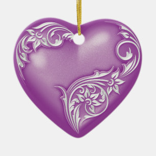 Ornement Cœur En Céramique Scroll de coeur Violet avec blanc