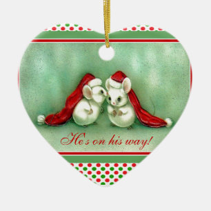 Ornement Cœur En Céramique Souris vintages de Noël avec les casquettes rouges