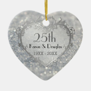 Ornement Cœur En Céramique Sparkle Coeur d'argent 25e anniversaire Mariage