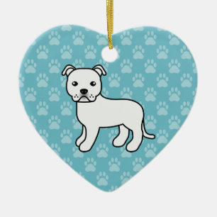 Ornement Cœur En Céramique Terrier Bull Staffordshire Blanc sur Fond Bleu