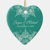 Ornement Cœur En Céramique Toile Damask Swirl Premier Noël Turquoise Vert (Droite)
