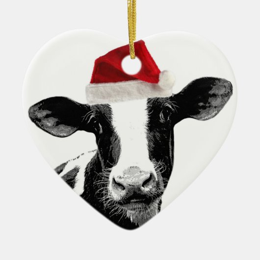 Ornement Cœur En Céramique Vache à Père Noël - vache laitière utilisant le (Devant)