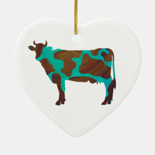 Ornement Cœur En Céramique Vache Silhouette Brown et Turquoise