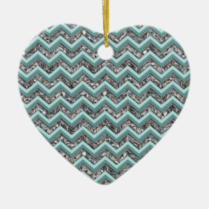 Ornement Cœur En Céramique Verre coupé foncé et Zigzag Turquoise