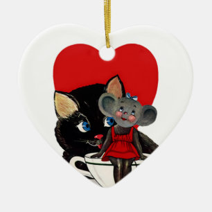 Ornement Cœur En Céramique Vintage Saint Valentin, Chat Mouse Tea Cup Coeur