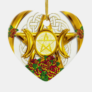 Ornement Cœur En Céramique Wiccan Pagan Pentacle Gold avec Roses