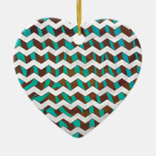 Ornement Cœur En Céramique Zebra Chevron Impression Brown et Turquoise