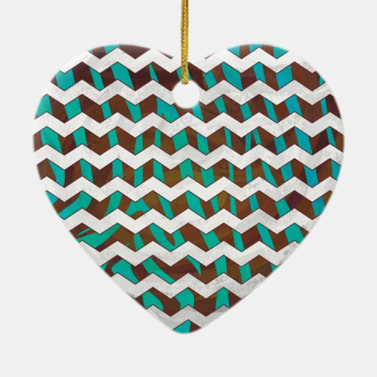 Ornement Cœur En Céramique Zebra Chevron Impression Brown et Turquoise (Dos)
