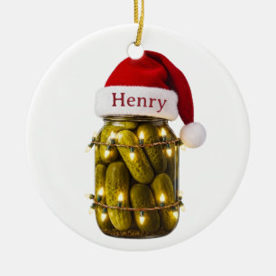 Ornement de jarre de cornichon de Noël avec chapea