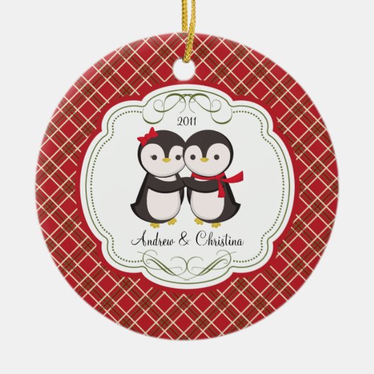Ornement de Noël Couple de Manchots Amour Mignon (Devant)