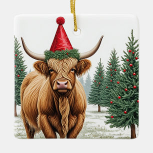 Ornement de Noël de la vache Highland - Carré fest