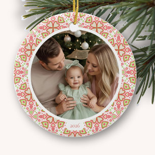 Ornement de Noël en céramique photo ronde pastel 