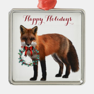 Ornement de Noël en métal carré Renard Rustique