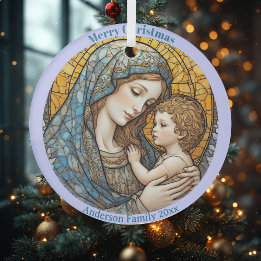 Ornement de Noël en verre coloré Madonna et Enfant