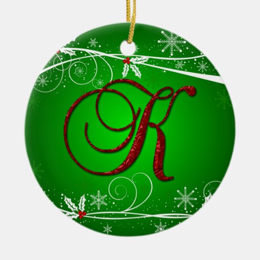 Ornement de Noël K initial en Rouge Vert Holly (Devant)