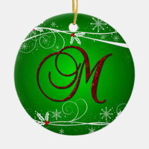 Ornement de Noël M initial en rouge et vert de hou
