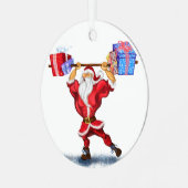 Ornement de Noël Père Noël Bodybuilder avec cadeau (Avant gauche)