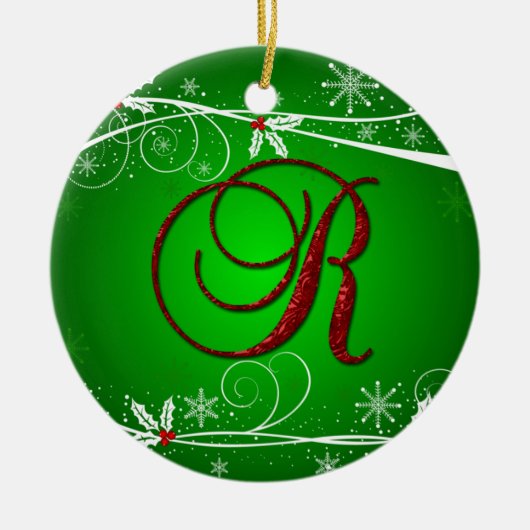 Ornement de Noël R initiale verts rouges de houx (Devant)