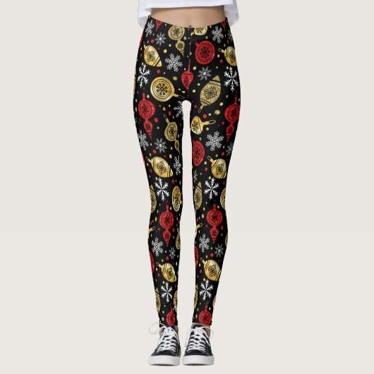 Ornement de Noël Rouge/Or Leggings pour femmes (Devant)