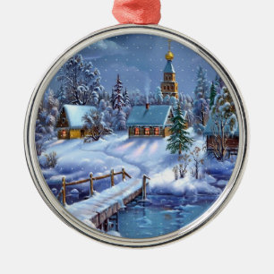 Ornement de Noël - Scène hivernale Vintage Métal O