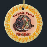 Ornement de pompier de Virginia Beach<br><div class="desc">Virginia Beach Firefighter ornement, t-shirts pompiers, vêtements pompiers, cadeaux de ArtMuvz Illustration. Vous pouvez ajouter votre nom ou ajouter du texte à la place. Customisez cet ornement de pompiers de Virginia Beach pour le rendre unique à vous ou pour donner en cadeau personnalisé. Le design audacieux comprend un casque de...</div>
