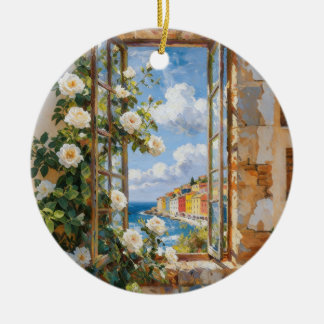 Ornement de vue sur mer aux roses blanches