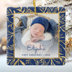 Ornement En Céramique 1er Noël de bébé Photo Bleu Nuit Feuillage Doré