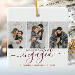 Ornement En Céramique 1er Noël engagé 3 Photo Burgundy Red Script<br><div class="desc">Commémorez votre fiançailles avec ce magnifique ornement de gardien moderne. Le texte rouge bordeaux dit "Notre premier Noël engagé", avec le mot "engagé" dans un élégant script d'écriture manuscrite avec des fioritures avant et après. Remplacez les trois exemples d'images par vos photos verticales préférées, et ajoutez vos noms et l'année...</div>