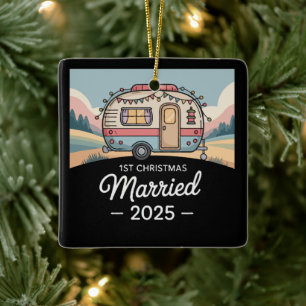 Ornement En Céramique 1er Noël Mariés 2025   Camionnette Vintage RV