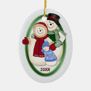 Ornement En Céramique 2 Côté - 1er Noël Blue Frosty Snowman Famille