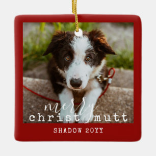 Ornement En Céramique 2 Photo Deux Chiens Drôle Joyeux ChristMUTT Rouge
