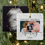 Ornement En Céramique 2 Photo Grossesse Nouveaux parents 1er Noël<br><div class="desc">Célébrez le précieux cadeau de votre nouveau membre de la famille avec un élégant ornement en céramique imitation marbre 2 carré photo. Le design neutre est adapté pour un nouveau bébé garçon ou une nouvelle fille. L'écriture et les images sur ce modèle sont simples à personnaliser. (CONSEIL EN MATIÈRE DE...</div>