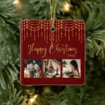 Ornement En Céramique 3 Photo Collage Rustique Garland Lights Céramique<br><div class="desc">"Joyeux Noël" en belle fausse écriture d'or sur un arrière - plan rouge. Remplacez les photos par 3 de vos photos préférées personnelles.  Faux-lampes/lanternes en or accrochés.  Changez l'année et quel beau ornement. Élégant.  Si simple,  mais chic.</div>