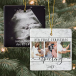 Ornement En Céramique 4 Photo Grossesse Nouveaux parents 1er Noël<br><div class="desc">Célébrez le cadeau précieux de votre nouveau membre de la famille avec un élégant ornement en céramique carré de quatre collages photo. Le design neutre pour le genre avec bordure en faux marbre convient à un nouveau bébé garçon ou fille. L'écriture et les images sur ce modèle sont simples à...</div>