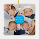 Ornement En Céramique 5 Photo Family A Little World Created By Love Blue<br><div class="desc">A lovely keepsake and gift with its collage of 4 square photos on the front, and the inspiring quote Our Family A Little World Created By Love in the center within a blue circle. On the back, a single square crop photo fills the whole space with your names at the...</div>