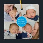 Ornement En Céramique 5 Photo Family A Little World Created By Love Blue<br><div class="desc">A lovely keepsake and gift with its collage of 4 square photos on the front, and the inspiring quote Our Family A Little World Created By Love in the center within a blue circle. On the back, a single square crop photo fills the whole space with your names at the...</div>