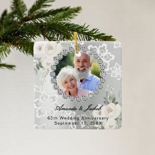 Ornement En Céramique 60e anniversaire Mariage photo florifères argent d
