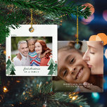 Ornement En Céramique Adoption First Christmas Rustic Trees Photo<br><div class="desc">Premier Noël en famille ! Parfait pour les Adoptions, les Parents d'accueil, la Fête de la Gotcha, les Fêtes du Homecoming, ou la Fête de la Famille! Joli, moderne mais rustique Noël de vacances Carré Photo Ornements mettant en vedette d'adorables petites forêts d'arbres de Noël rustiques et Joyeux Noël dans...</div>