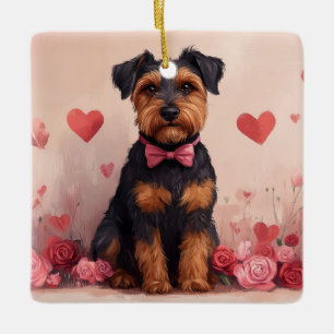 Ornement En Céramique Airedale avec des Roses - Saint-Valentin