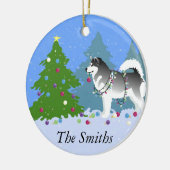 Ornement En Céramique Alaskan Malamute Decorating Christmas Tree (Gauche)