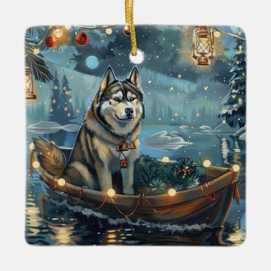Ornement En Céramique Alaskan Malamute Noël Festive Voyage (Devant)