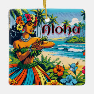 Ornement En Céramique Aloha   Hawaii Hula Dancer sur la plage