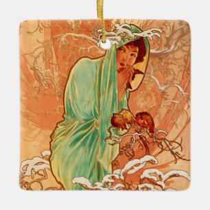 Ornement En Céramique Alphonse Mucha Art Nouveau Hiver