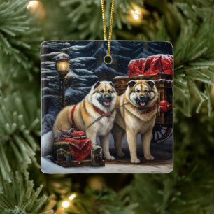 Ornement En Céramique American Akita Snowy Sleigh Ride Décor de Noël