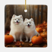 Ornement En Céramique American Eskimo Chiot Automne Citrouille délice (Dos)