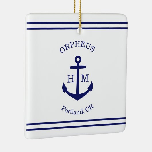 Ornement En Céramique Ancre nautique personnalisée (blanc et bleu) (Droite)
