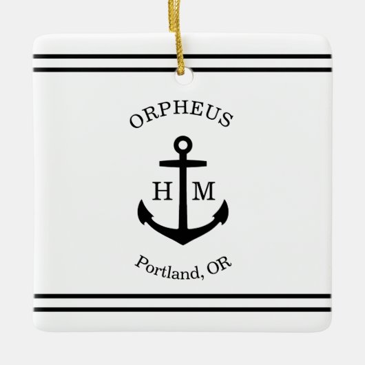 Ornement En Céramique Ancre nautique personnalisée (blanc et noir) (Devant)