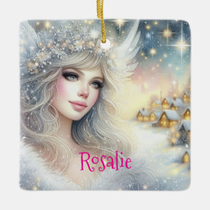 Ornement En Céramique Ange de neige de givre éthéré aquarelle blanche fe