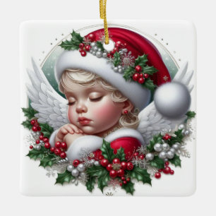 Ornement En Céramique Ange de Noël et houx